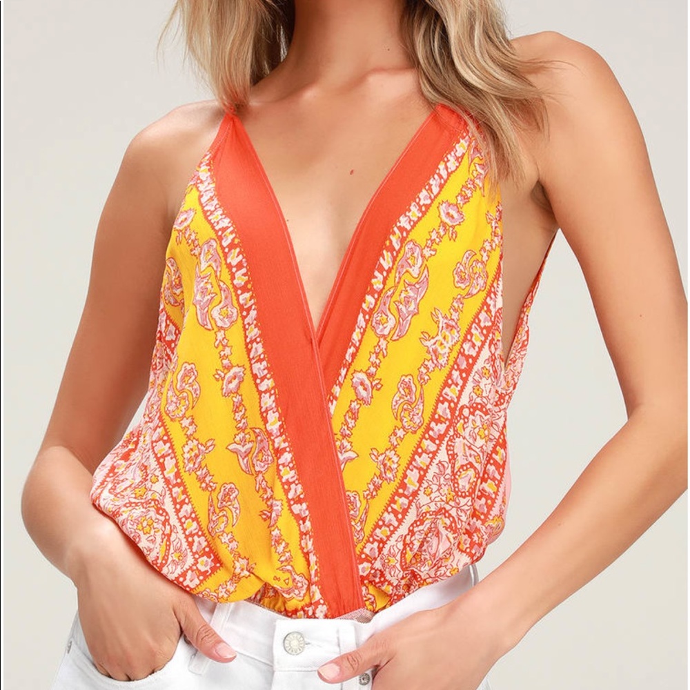 Free People Border Babe Orange Print Bodysuit, M